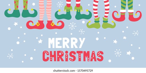 Cute Christmas banner design with elf feet in socks and shoes. Childish print for cards and party invitations. Vector Illustration