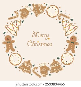 Cute Christmas banner with gingerbread cookies. Merry christmas greeting card. Template Christmas winter holiday design.