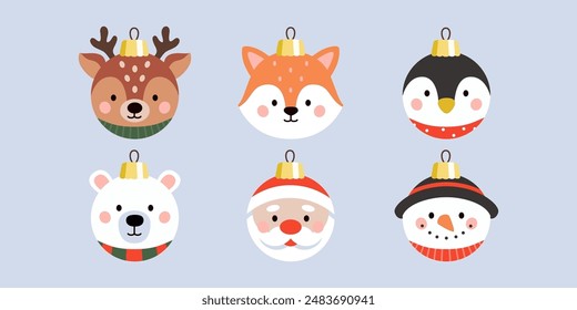 Cute Christmas baubles set with animals, snowman, Santa, bear, penguin, reindeer and fox vector illustration