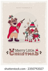 Cute Christmas bear character. Christmas greeting card series. Carols