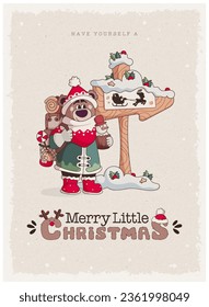 Cute Christmas bear character. Christmas greeting card series. North Pole