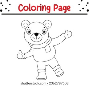 Cute Christmas bear coloring page for children. Vector black and white Happy Christmas coloring book.