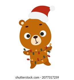 Cute Christmas bear with garland on white background. Cartoon animal character for kids cards, baby shower, invitation, poster, t-shirt composition, house interior. Vector stock illustration.