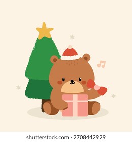 Cute Christmas Bear with Gift Box and Festive Tree
