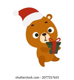 Cute Christmas bear with gift on white background. Cartoon animal character for kids cards, baby shower, invitation, poster, t-shirt composition, house interior. Vector stock illustration.
