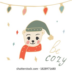 Cute christmas bear. Greeting сard for Christmas or New Year. Vector illustration