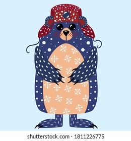Cute Christmas bear in a hat. Wild animal in red and blue colors and snowy pattern. The drawing is suitable for printing postcards, prints, creating patterns.