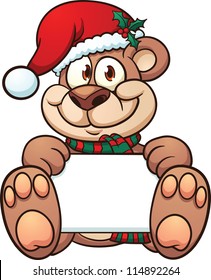 Cute Christmas bear holding a sign. Vector illustration with simple gradients. All in a single layer.