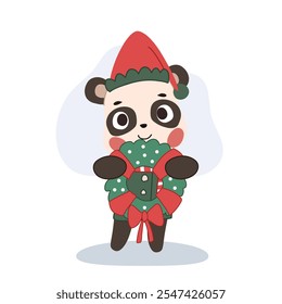 cute christmas bear holding a wreath in winter theme for festive decoration