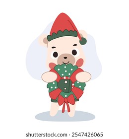 cute christmas bear holding a wreath in winter theme for festive decoration