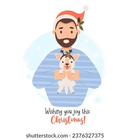 Cute Christmas bearded man with puppy wearing Santa hat. Vector illustration in cartoon style. New Year card with positive character.