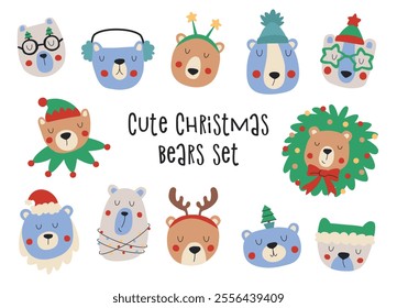 Cute Christmas Bears. Bear heads with Christmas attributes and accessories. Hand drawn animals for children's card designs and winter clothes.