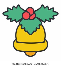 Cute Christmas bell with holly berry vector cartoon icon isolated on a white background.