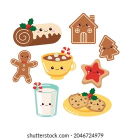 Cute Christmas beverage and dessert collection. Flat vector cartoon design