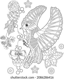 Cute Christmas bird with berries. Winter holiday decoration. Black and white elements. Traditional decor for season design. Hand drawn illustration for children and adults, coloring books and tattoo.