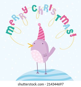 Cute Christmas bird illustration in cartoon style. Happy cute bird in a hat. Adorable Merry Christmas card design