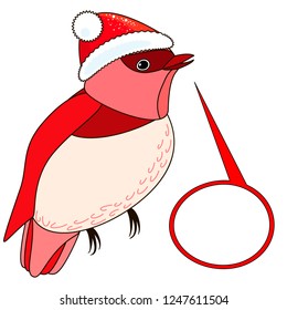 Cute Christmas bird in red Christmas hat with speech bubble, isolated on white background, vector sign.