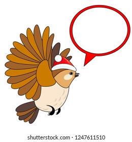 Cute Christmas bird in red Christmas hat with speech bubble, isolated on white background, vector sign.
