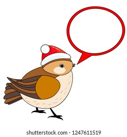 Cute Christmas bird in red Christmas hat with speech bubble, isolated on white background, vector sign.