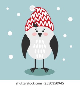 Cute Christmas bird. Winter colorful vector illustration of character in funny red hat in flat style on snowy background. Design for greeting card, print, poster, sticker.