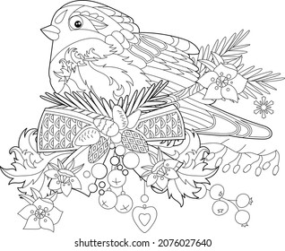 Cute Christmas bird. Winter holiday decoration. Black and white elements. Traditional festive decor for season design. Hand drawn illustration for children and adults, coloring books and tattoo.