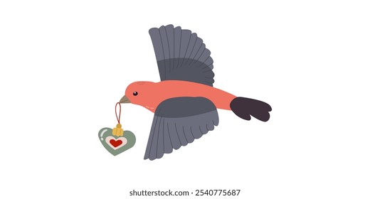 Cute Christmas birds with Christmas decoration toy for Christmas tree . Toy in beak. Vector illustration isolated on white background