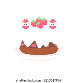 Cute Christmas birthday chocolate cream cake with strawberry. Isolated on white background, flat design, EPS10 vector