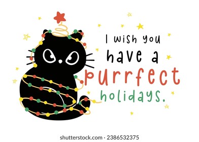 Cute Christmas Black Cat adorned with lights, Funny and Playful Cartoon Illustration. Happy Holiday banner