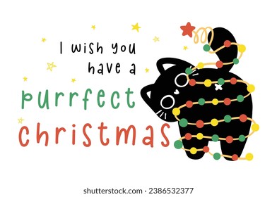 Cute Christmas Black Cat adorned with lights, Funny and Playful Cartoon Illustration, idea for greeting card