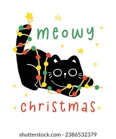 Cute Christmas Black Cat adorned with lights, Funny and Playful greeting card Cartoon Illustration.