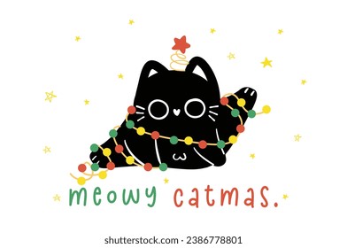 Cute Christmas Black Cat adorned with lights, humor greeting card, Funny and Playful Cartoon Illustration.