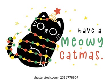 Cute Christmas Black Cat adorned with lights greeting card, Funny and Playful Cartoon Illustration.