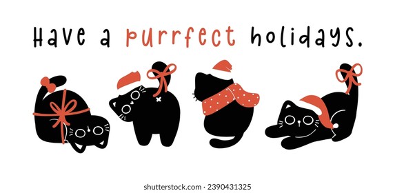 Cute Gato Negro de Navidad, banner de tarjeta de saludo de humor, Ilustración divertida y lúdica de dibujos animados.