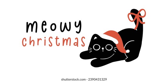 Cute Christmas Black Cat, humor greeting card banner, Funny and Playful Cartoon Illustration.