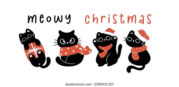 Cute Christmas Black Cat, humor greeting card banner, Funny and Playful Cartoon Illustration.