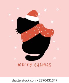 Cute Christmas Black Cat, merry catmas, humor greeting card, Funny and Playful Cartoon Illustration.