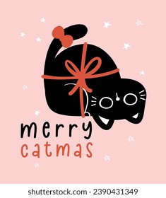 Cute Christmas Black Cat, merry catmas, humor greeting card, Funny and Playful Cartoon Illustration.