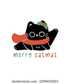 Cute Christmas Black Cat, merry catmas, humor greeting card, Funny and Playful Cartoon Illustration.