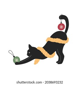Cute Christmas black cat playing with ball, baubles and garlands, happy naughty kitten. Hand drawn vector illustration in flat cartoon style for New Year t-shirt or cards, isolated on white background