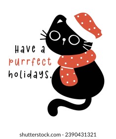 Cute Christmas Black Cat in red scarf, humor greeting card, Funny and Playful Cartoon Illustration.