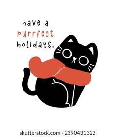 Cute Christmas Black Cat in red scarf, humor greeting card, Funny and Playful Cartoon Illustration.