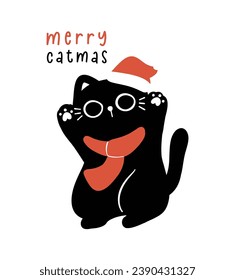 Cute Christmas Black Cat in red scarf, humor greeting card, Funny and Playful Cartoon Illustration.