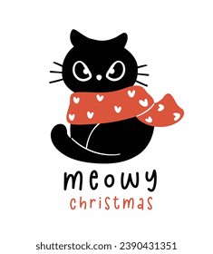 Cute Christmas Black Cat in red scarf, humor greeting card, Funny and Playful Cartoon Illustration.