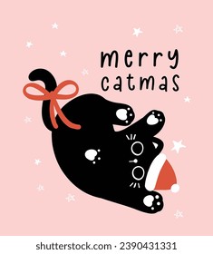 Cute Christmas Black Cat with Santa Hat, purrfect holidays, humor greeting card, Funny and Playful Cartoon Illustration.