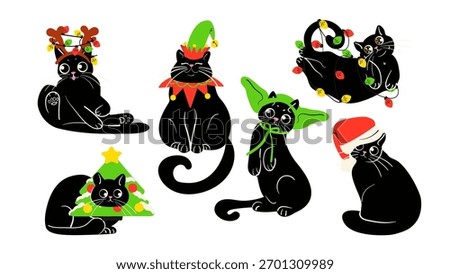 Cute Christmas black cat set with decorative Christmas costumes, elf hat, reindeer horns, santa hat, garland. Hand drawn vector design perfect for greeting cards, posters, and seasonal promotions.