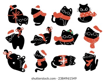 Cute Christmas black cat wearing a Santa hat and winter scarf collection. This festive cartoon pet brings Christmas joy and cheer to your designs.