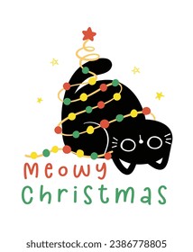 Cute Christmas Black Cats adorned with lights, Meowy Christmas, humor greeting card, Funny and Playful Cartoon Illustration.