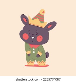 Cute Christmas black rabbit in elf costume vector cartoon funny animal character isolated on background.