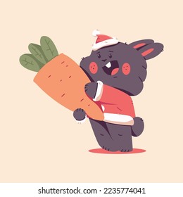 Cute Christmas black rabbit in Santa Claus costume with carrot vector cartoon funny animal character isolated on background.