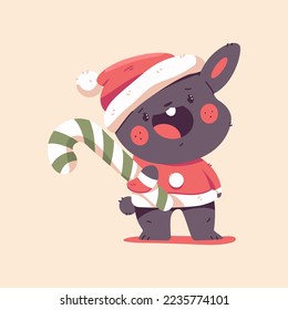 Cute Christmas black rabbit in Santa Claus costume with candy cane vector cartoon funny animal character isolated on background.